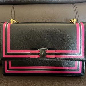 Salvatore Ferragamo Black with Pink Stripes Crossbody Bag